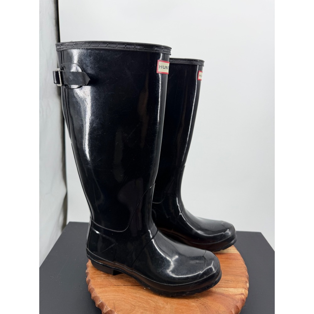 Hunter Original Back Adjustable Gloss Rain Boot Womens 10 Black WFT1001RGL